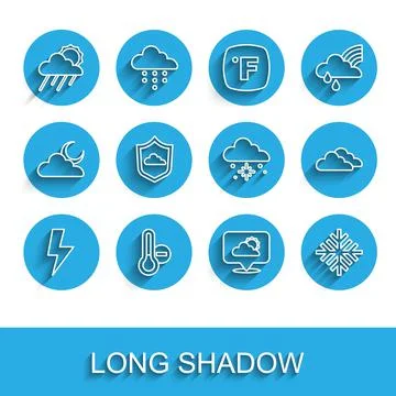 Set line Lightning bolt, Meteorology thermometer, Cloud with rain and sun Illustrazione stock
