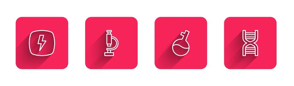 Set line Lightning bolt, Microscope, Test tube and DNA symbol with long shadow 스톡 일러스트