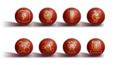 Set line Lightning bolt, Molecule, Microscope, Explosion the flask, Earth globe Stock Illustration