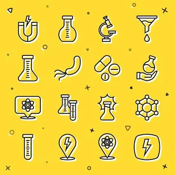 Set line Lightning bolt, Molecule, Test tube, Microscope, Bacteria, Magnet .. Stockillustratie