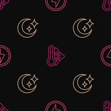 Set line Lightning bolt, Moon and stars and Meteorology thermometer on seamless 스톡 일러스트