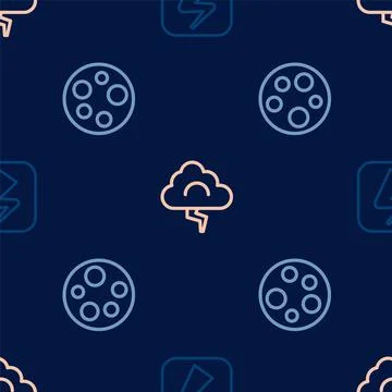 Set line Lightning bolt, Moon and Cloud and lightning on seamless pattern Illustrazione stock