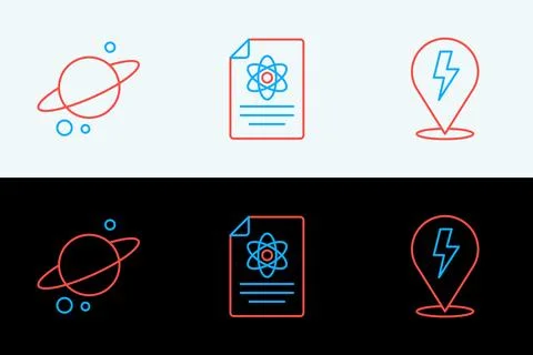 Set line Lightning bolt, Planet Saturn and Chemistry report icon. Vector Stock Illustration