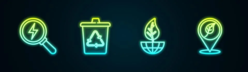 Set line Lightning bolt, Recycle bin with recycle, Earth globe and leaf and Illustrazione stock
