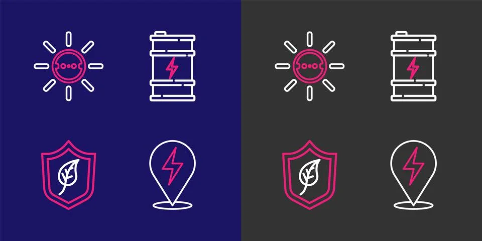 Set line Lightning bolt, Shield with leaf, Bio fuel barrel and Solar energy.. Stock-Illustration