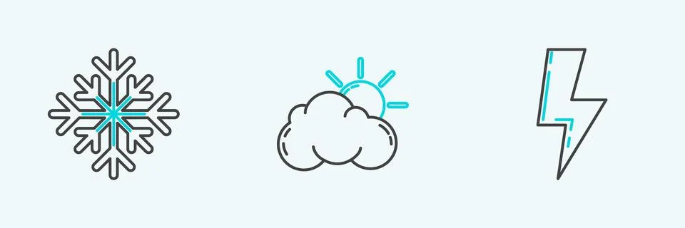 Set line Lightning bolt, Snowflake and Sun and cloud weather icon. Vector Illustrazione stock