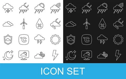 Set line Lightning bolt, Sun, Cloud with rain and moon, sun, Wind turbine, snow 스톡 일러스트
