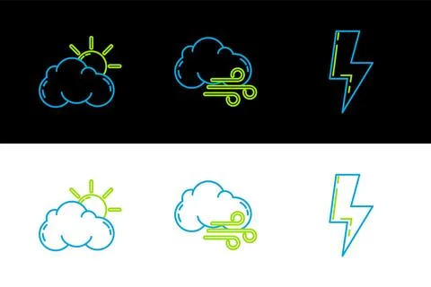 Set line Lightning bolt, Sun and cloud weather and Windy icon. Vector Illustrazione stock