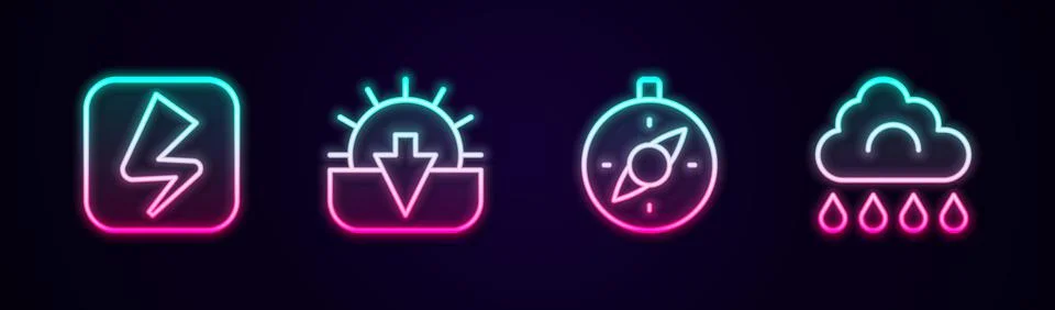 Set line Lightning bolt, Sunset, Compass and Cloud with rain. Glowing neon ic Stock Illustration