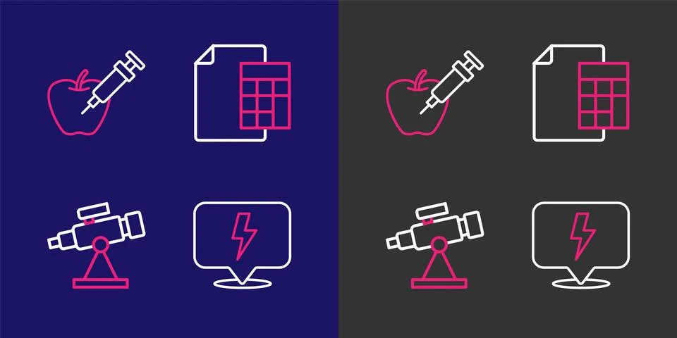 Set line Lightning bolt, Telescope, Calculator and Genetically modified app.. Stock Illustration