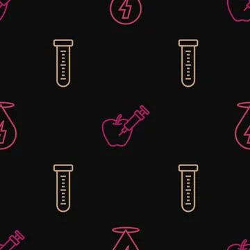 Set line Lightning bolt, Test tube and Genetically modified apple on seamless Illustrazione stock