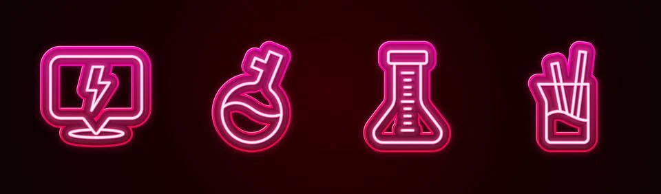 Set line Lightning bolt, Test tube,  and Laboratory glassware. Glowing neon.. Stockillustratie