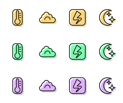 Set line Lightning bolt, Thermometer, Cloud and Moon and stars icon. Vector Stock Illustration