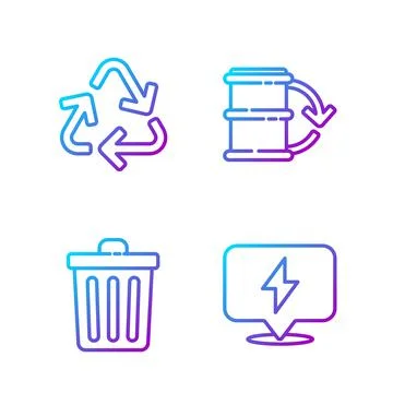 Set line Lightning bolt, Trash can, Recycle symbol and Eco fuel barrel. Gradient Ilustración de archivo