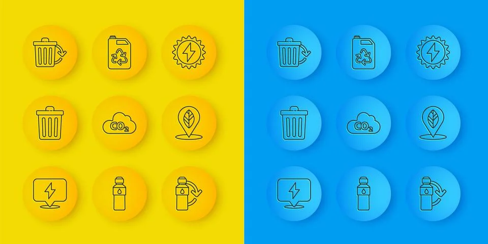 Set line Lightning bolt, Trash can, CO2 emissions cloud, Recycling plastic Stock Illustration