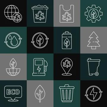 Set line Lightning bolt, Trash can, Christmas tree, Plastic bag with recycle Stock Illustration