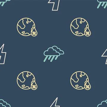 Set line Lightning bolt, Water drop percentage and Cloud with rain on seamless Illustrazione stock