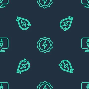 Set line Lightning bolt, Water energy and Electric plug on seamless pattern 스톡 일러스트