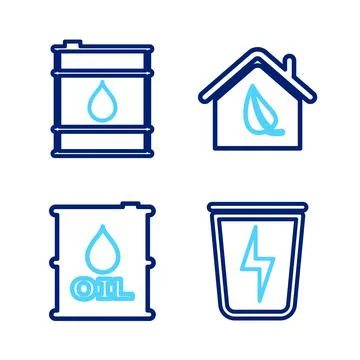 Set line Lightning with trash can, Oil barrel, Eco friendly house and icon Ilustración de archivo
