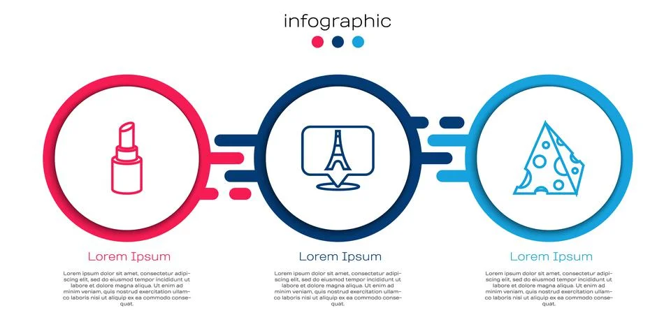 Set line Lipstick, Eiffel tower and Cheese. Business infographic template Illustrazione stock