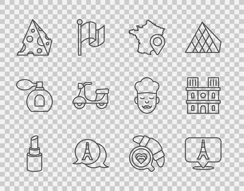 Set line Lipstick, Eiffel tower, Map of France, Cheese, Scooter, Coffee cup with Stock Illustration