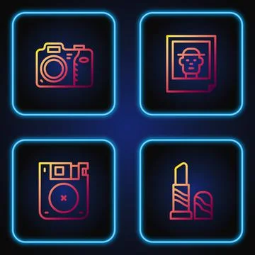 Set line Lipstick, Floppy disk, Photo camera and . Gradient color icons. Vector Illustrazione stock
