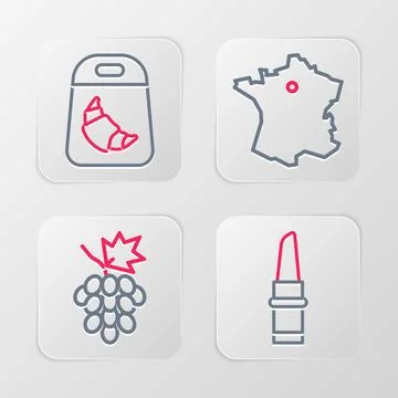 Set line Lipstick, Grape fruit, Map of France and Croissant package icon. V.. Illustrazione stock