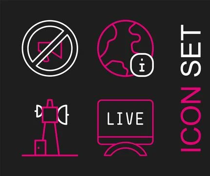 Set line Live report, Antenna, World news and Censored stamp icon. Vector 스톡 일러스트