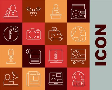 Set line Live report, Breaking news, World, Photo camera, Create account, and TV Stock Illustration