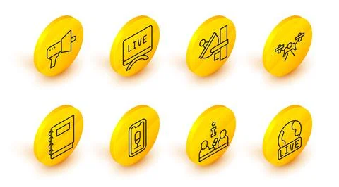 Set line Live report, Interview, Mobile recording, Notebook, Drone, Radar, .. Illustrazione stock