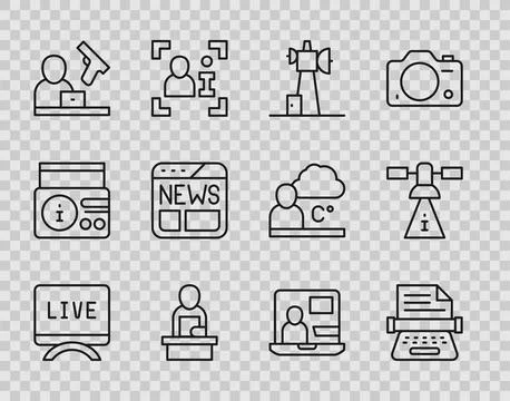 Set line Live report, Retro typewriter, Antenna, Breaking news, Crime, News.. 스톡 일러스트