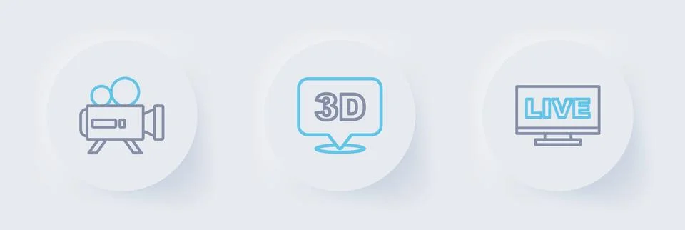 Set line Live stream, 3D word and Retro cinema camera icon. Vector Illustrazione stock