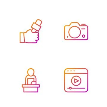 Set line Live stream, Breaking news, Journalist and Photo camera. Gradient color Stock Illustration