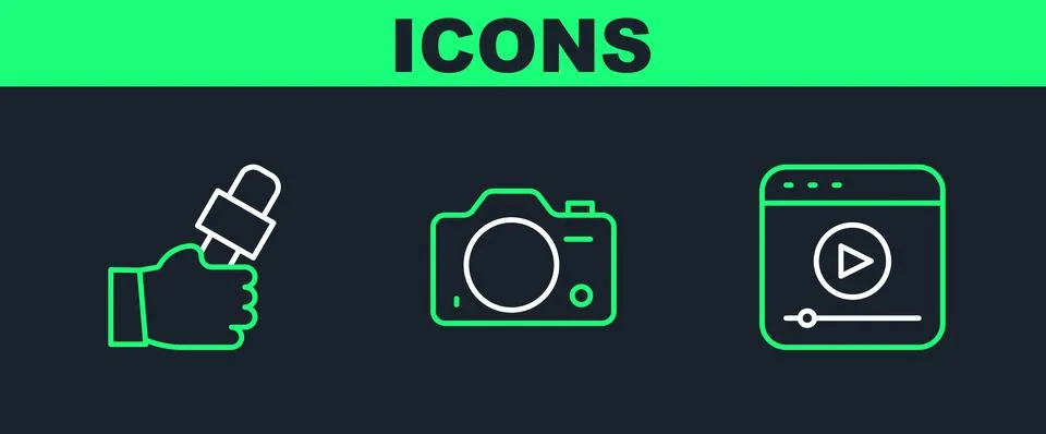Set line Live stream, Journalist news and Photo camera icon. Vector Stock Illustration