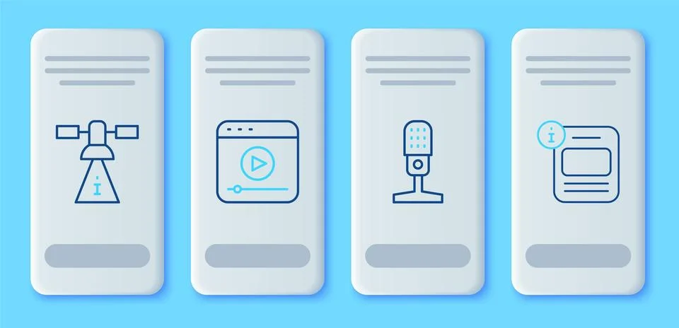 Set line Live stream, Microphone, Satellite and Information icon. Vector Stock Illustration
