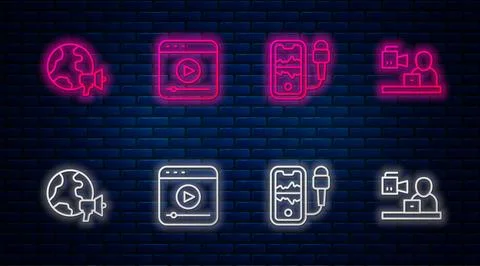 Set line Live stream, Mobile recording, World news and Breaking. Glowing ne.. Stock Illustration