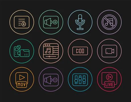 Set line Live stream, Play video button, Microphone, Music player, Cinema c.. Stock Illustration