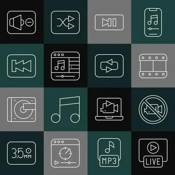 Set line Live stream, Prohibition no video recording, Play, Pause button, Music Illustrazione stock