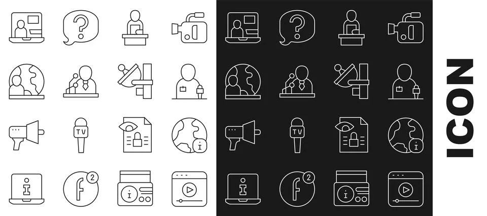 Set line Live stream, World news, Journalist, Breaking,  and Radar icon. Vect Illustrazione stock