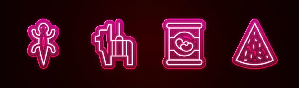 Set line Lizard, Pinata, Beans can and Nachos. Glowing neon icon. Vector Stock Illustration
