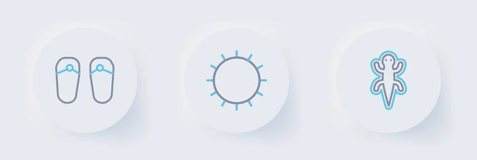 Set line Lizard, Sun and Flip flops icon. Vector Stock Illustration