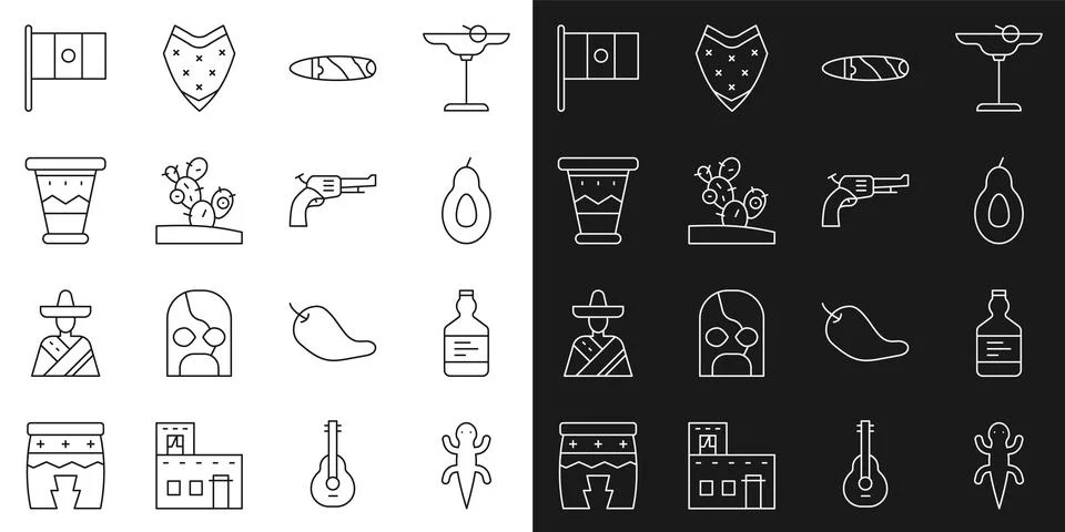 Set line Lizard, Tequila bottle, Avocado, Cigar, Cactus, Mexican drum, Mexico Ilustración de archivo