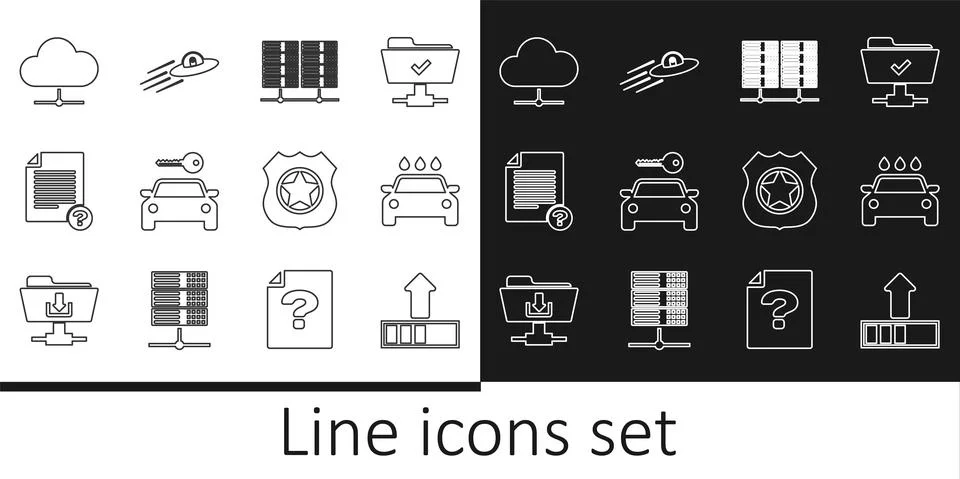 Set line Loading, Car wash, Server, Data, Web Hosting, rental, Unknown document Stockillustratie