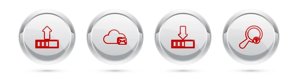 Set line Loading, Cloud mail server, and Unknown search. Silver circle button 스톡 일러스트