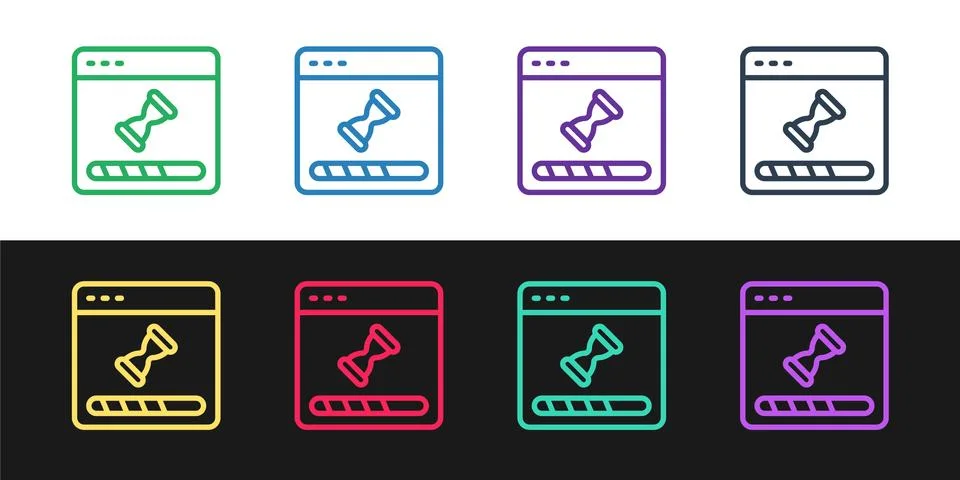 Set line Loading a data window with a progress bar icon isolated on black and 库存插图