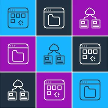 Set line Loading data window, Cloud technology transfer and Browser files icon Stockillustratie