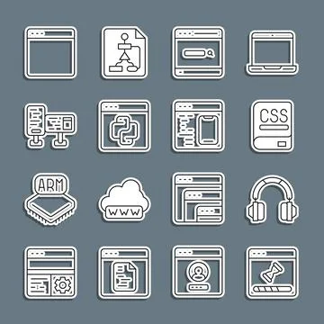 Set line Loading data window, Headphones, Books about programming, Search engine Illustration