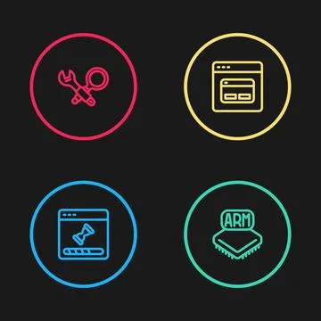 Set line Loading data window, Processor, Search engine and Debugging icon Illustrazione stock