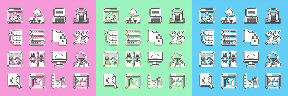 Set line Loading data window, Cloud technology transfer, Data stream, Server Stock Illustration