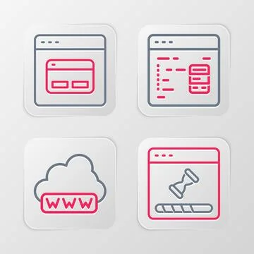 Set line Loading data window Web development Software and Search engine icon. Illustrazione stock